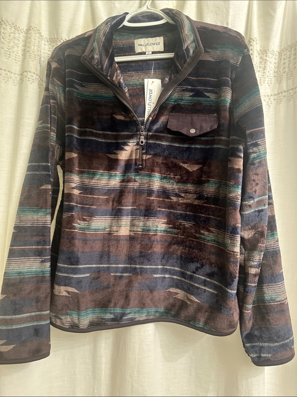 Wallflower Women's Half-Zip Fleece Pullover in Brown, Teal & Navy
